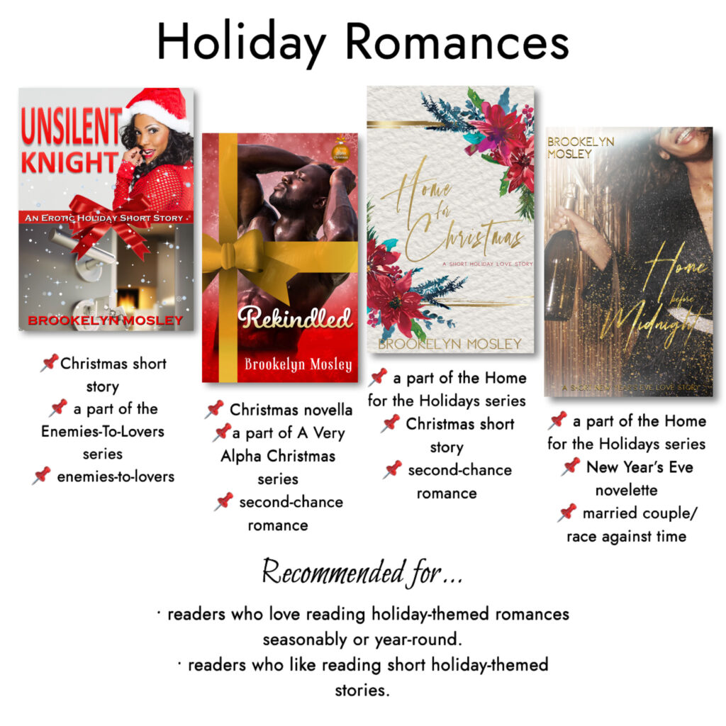 Graphic displaying book covers for holiday romances by Brookelyn Mosley.
