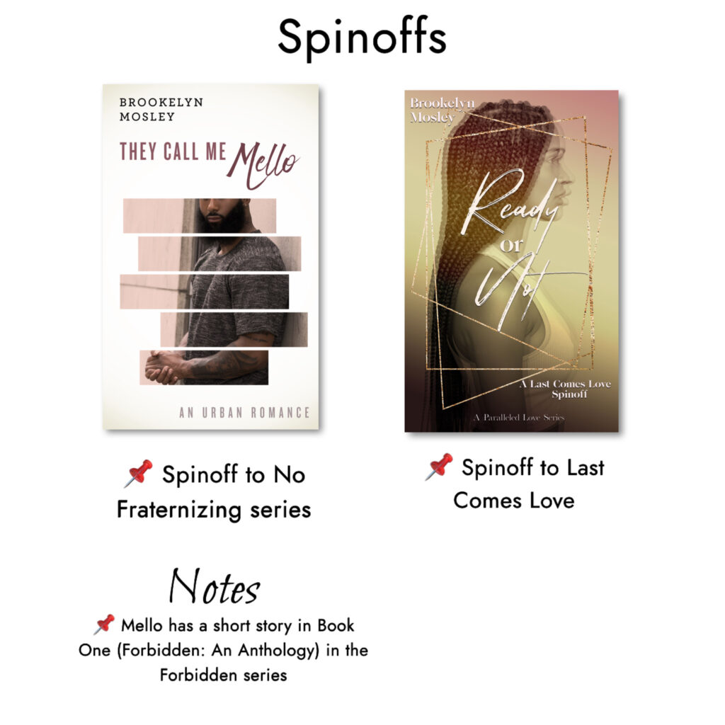 Graphic displaying book covers of spinoffs by Brookelyn Mosley.